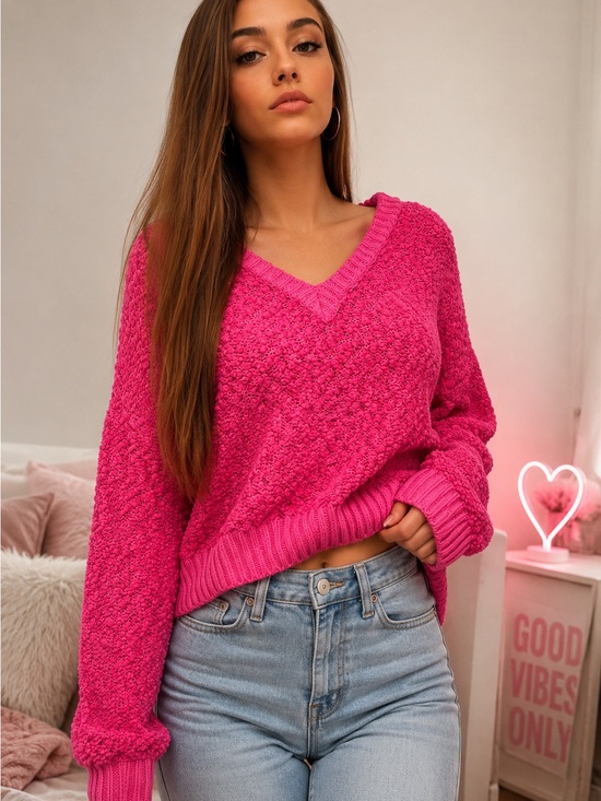 POL Sweaters - POL Hot Pink V-Neck Bubble Knit Hooded Sweater